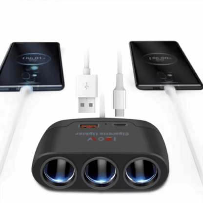 120W Autós Szivargyújtó Elosztó és USB Töltő – 3 aljzat + 2 USB port - Image 2