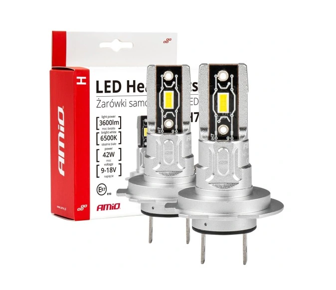 AMiO H7 LED Izzó Szett – H-MINI 12–24V, 6500K CSP, 2225 lm, Canbus, E9 R10 – Erős Fény, Plug&Play