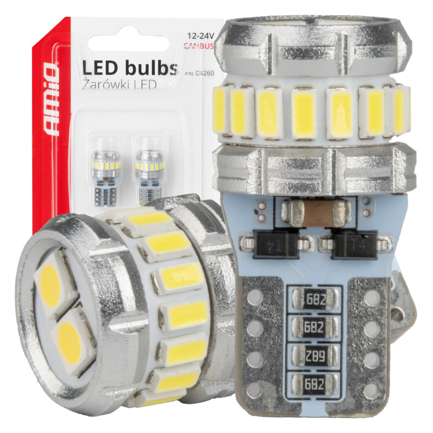 T10 / W5W LED Izzó CANBUS – 16×SMD 3014 + 2×SMD 3030, Fehér 6000K, 12–24V, 2 db