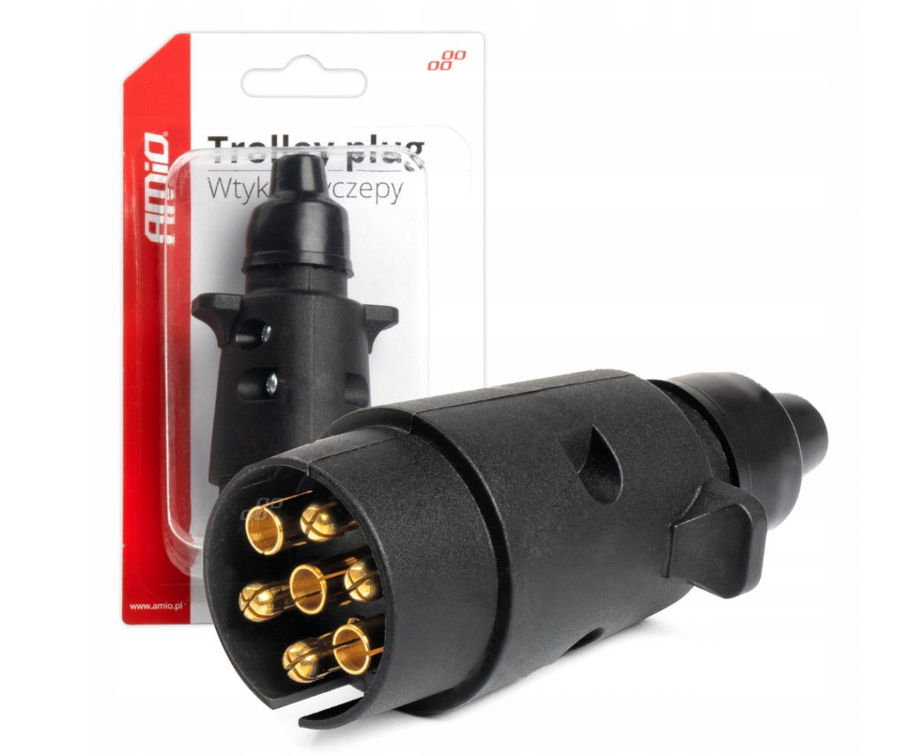 Utánfutó csatlakozó dugó 7 PIN – AMiO 03215 | Műanyag (PVC) Ház, Csavaros Kivitel, Univerzális Utánfutó Csatlakozó