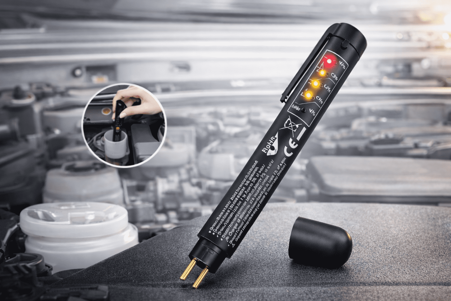 Digitális Fékfolyadék Tesztelő Toll – DOT3 / DOT4 / DOT5, LED Kijelző, Víztartalom Mérő