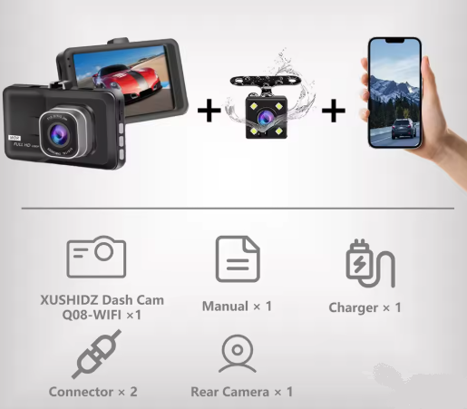 Autós menetrögzítő kamera fedélzeti kamera FULL HD 1080P WIFI + Hátsó kamera - Image 3